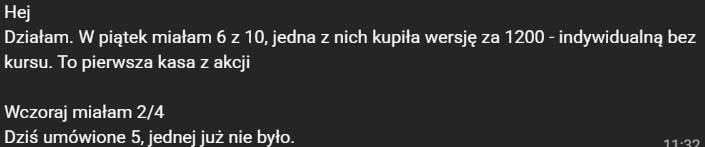 Wiadomość klientki o sprzedaży i umówionych rozmowach